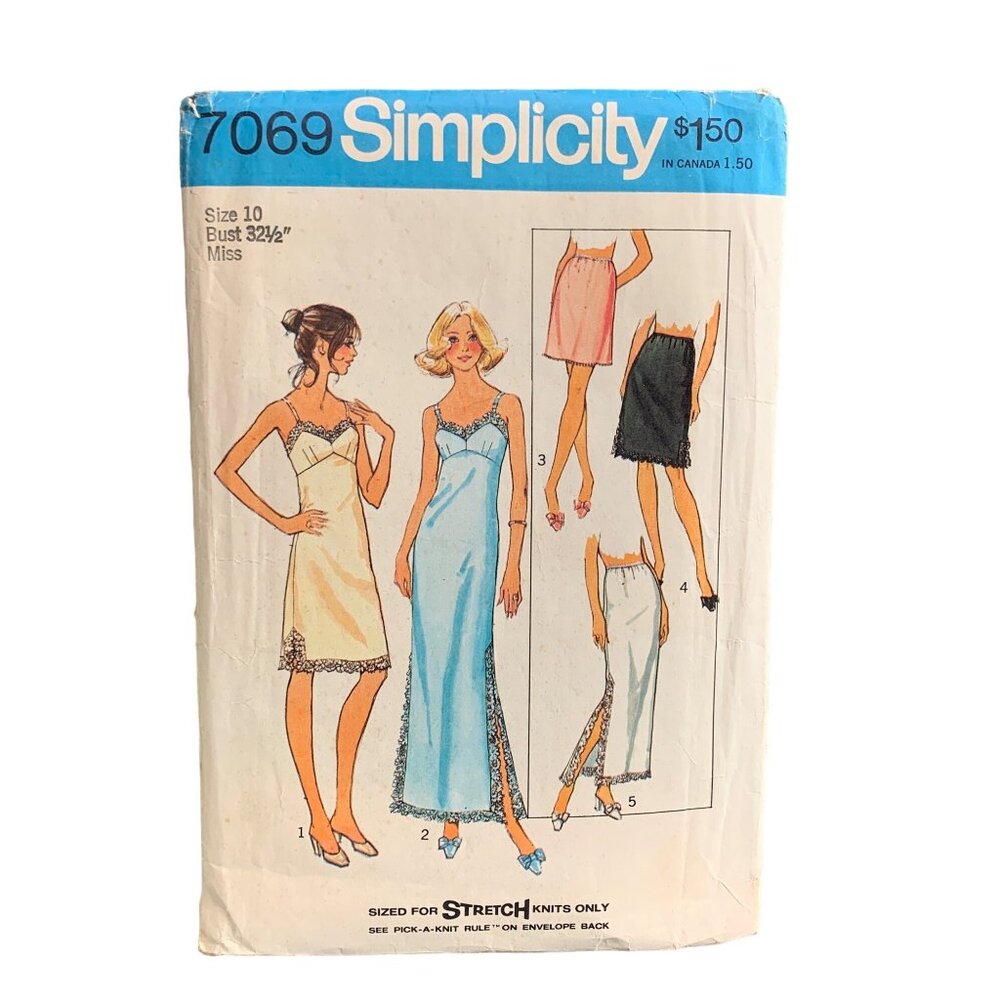 Vintage Simplicity 7069 Sewing Pattern Miss Size 10 Stretch Knit Slips Nightgown